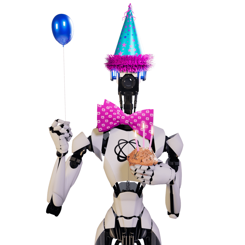 white humanoid robot with pink party hat holding blue baloon and muffin with candles