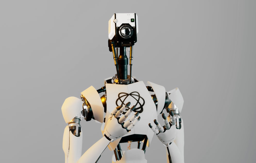 3D model of a white humanoid robot with Pixotope logo 