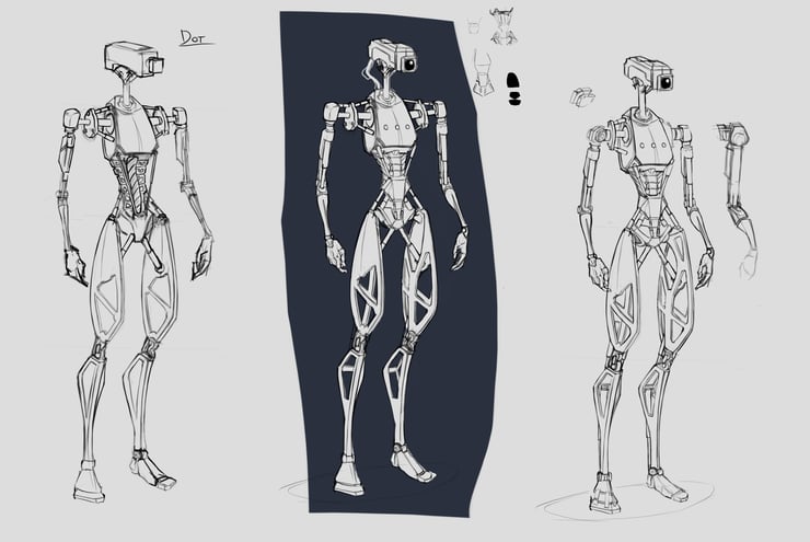 detailed sketches of  humanoid robot Dot on the paper